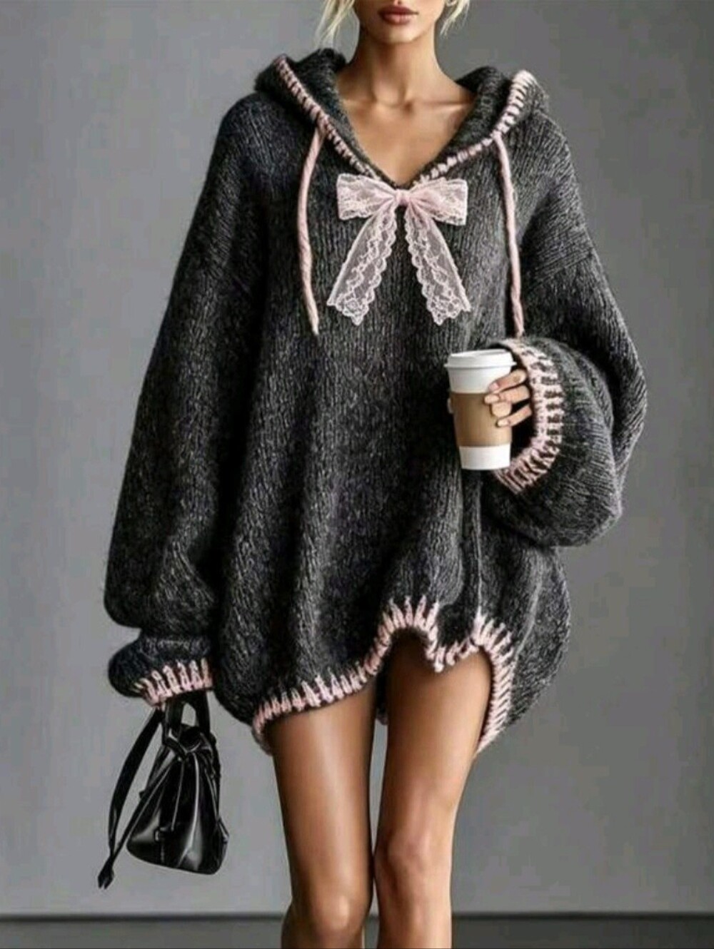 Women's Lace Bow Decor Drop-Shoulder Long Sleeve Hooded Knit Dress